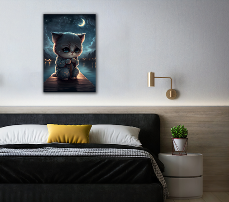 Kawaii Kitten under the Moon Canvas Print - WallLumi Canvases